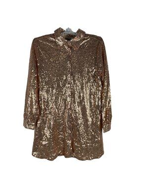 Blue B Sequin Button-Up Shirt Rose Gold Womens Medium Long Sleeve Shiny